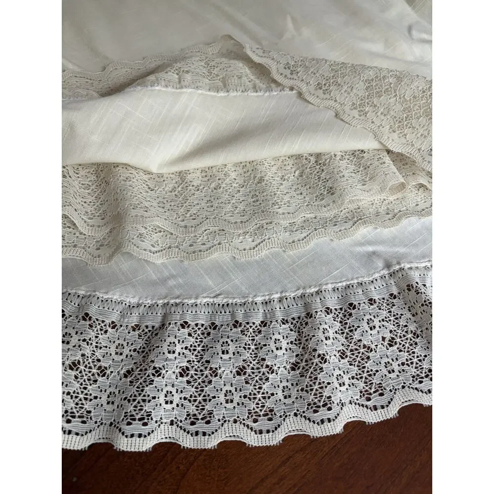 Tablecloth Ivory Lace Trim Poly Cotton Blend Oval 86x66 Vintage USA